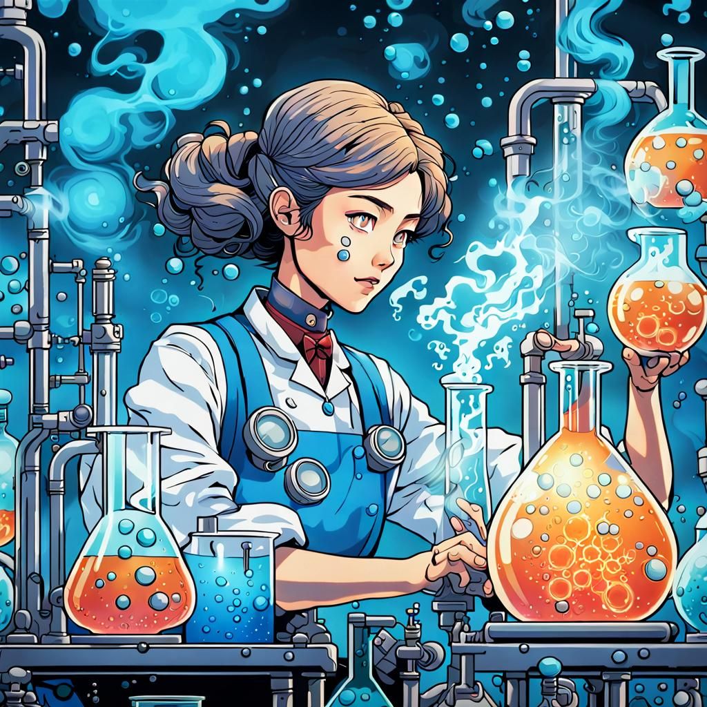 Manga Scientist in Steampunk Lab with Neon Colors