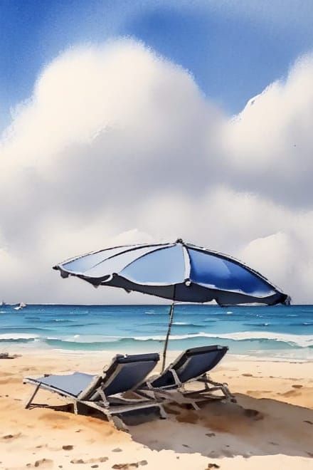 Serene Beach Scene in Vibrant Watercolor Style