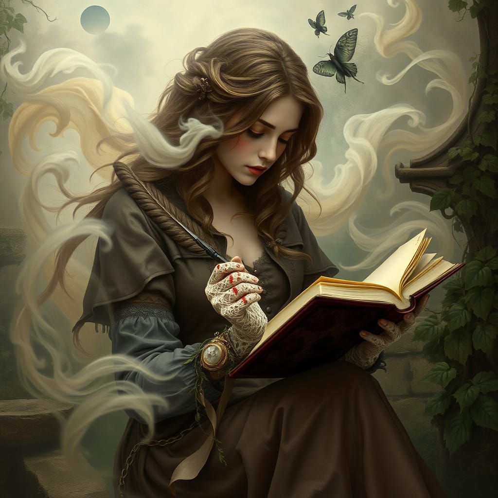 Whimsical Woman in Pre-Raphaelite Style