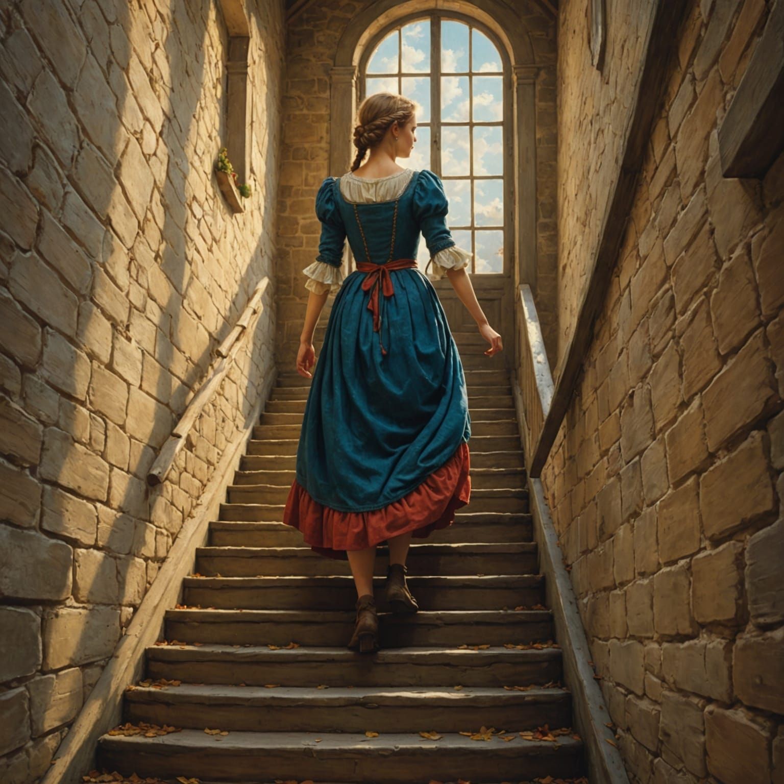 A Woman Descends a Colorful, Whimsical Staircase