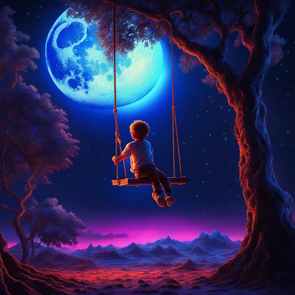 Boy on Moon Swing in Black Light Art