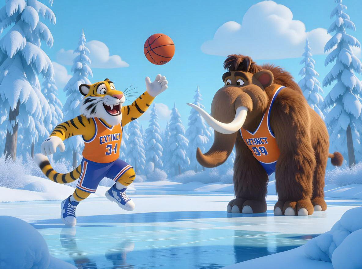 Cartoon Saber-Tooth Tiger Plays Basketball in Pixar Style