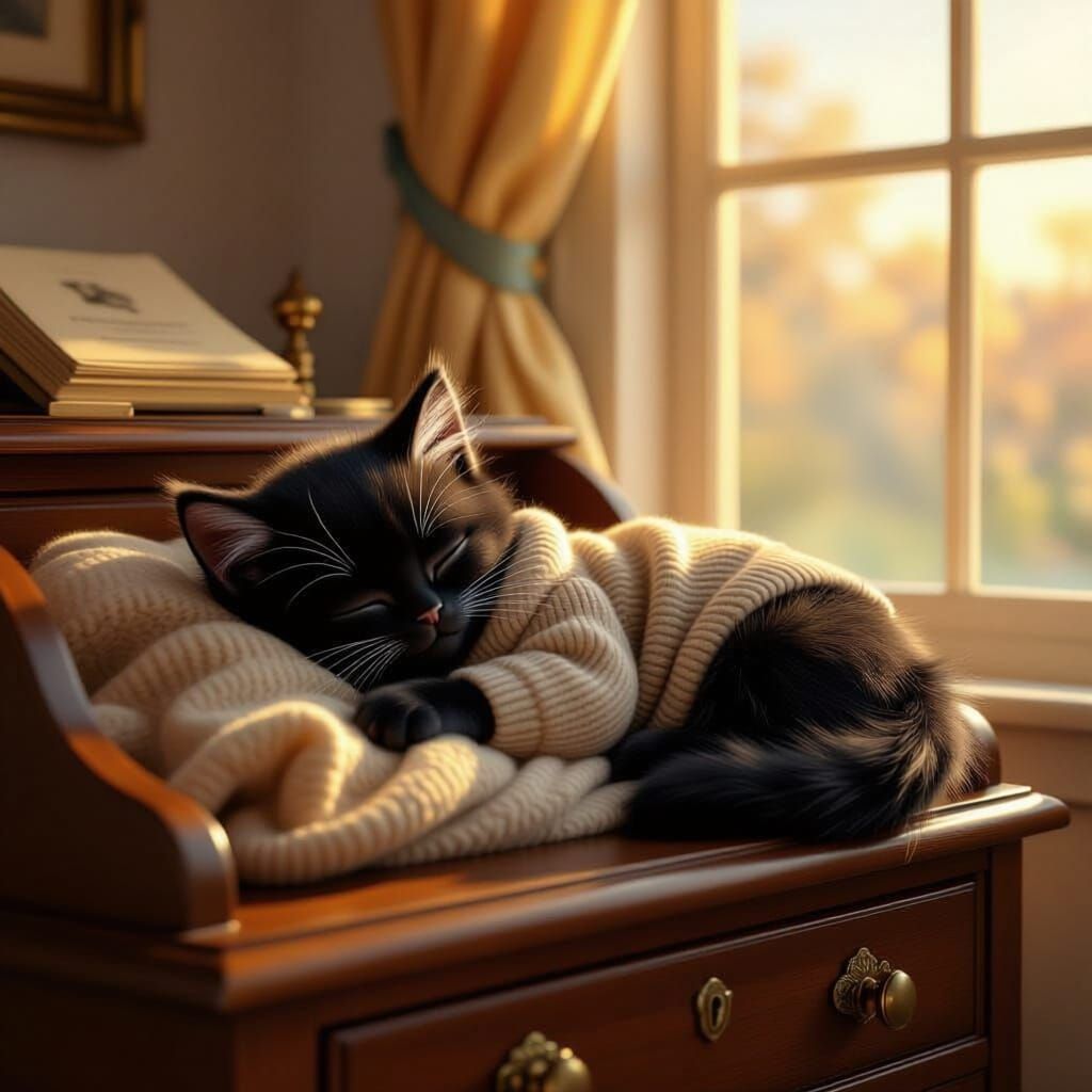 Kitten Nap on Roll-Top Desk in 3D Digital Art