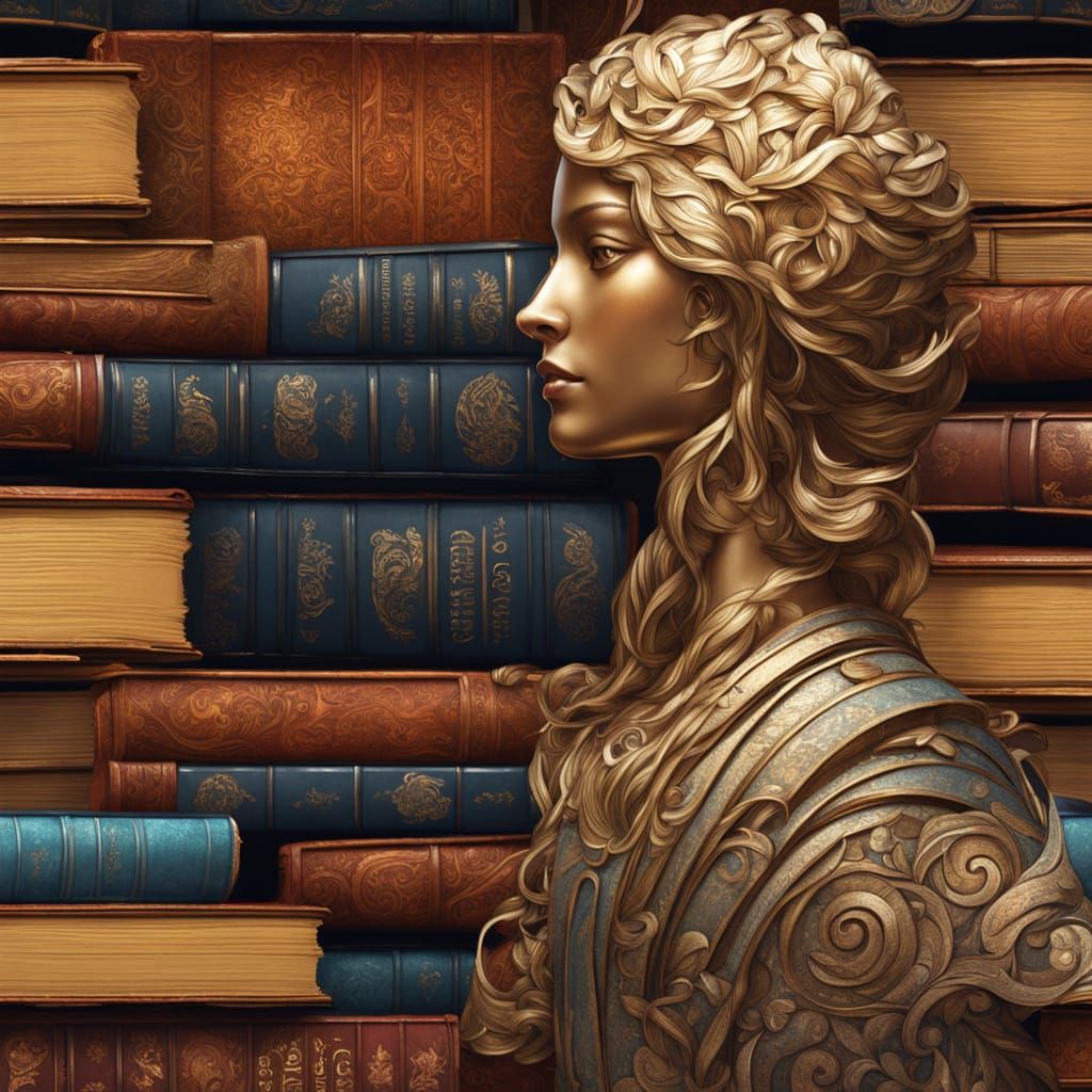 Surreal Art Nouveau Goddess Emerges from Stacked Books