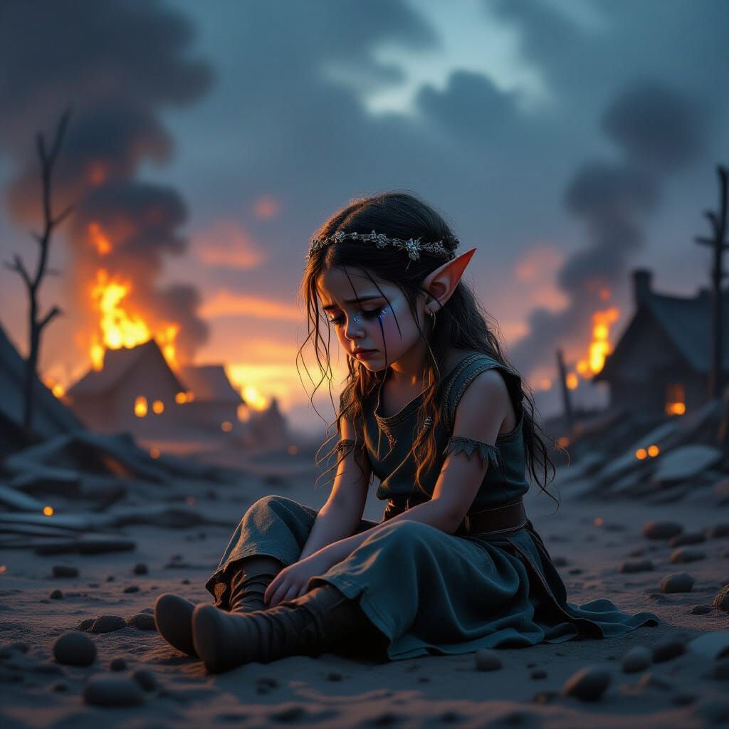 Crying Elf Child Amidst Burning Village Ruins