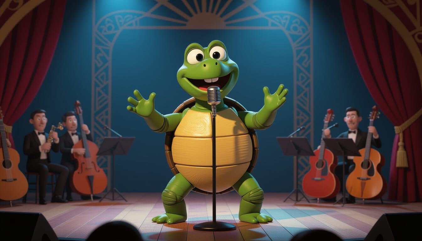 Singing Turtle in Art Deco Club, Stop-Motion Style