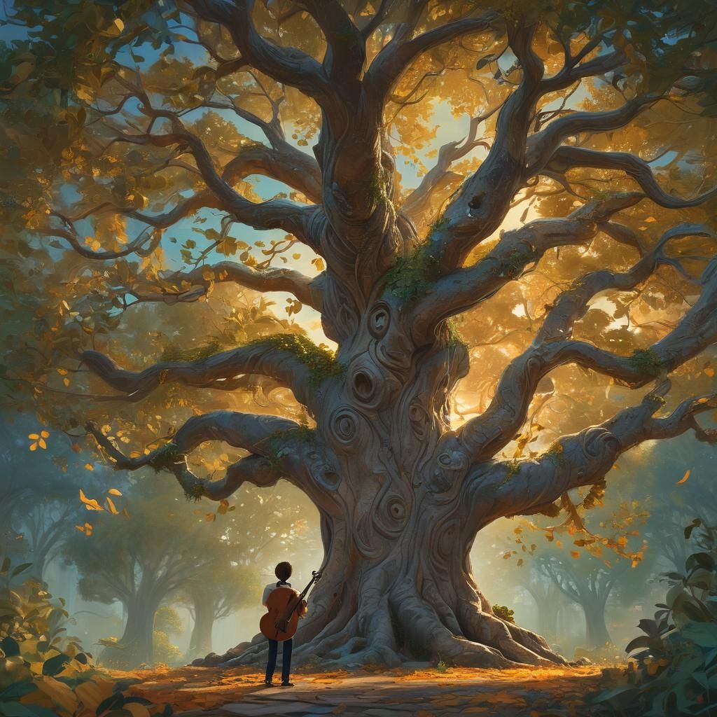 Jazz Musician and Ancient Tree Digital Illustration