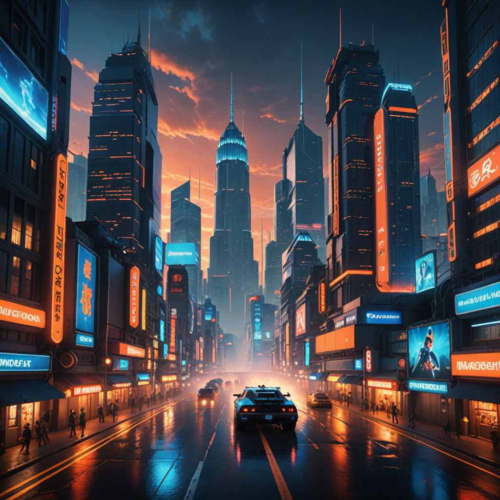 Anime Battle Scene in Futuristic Cityscape with Neon Lights