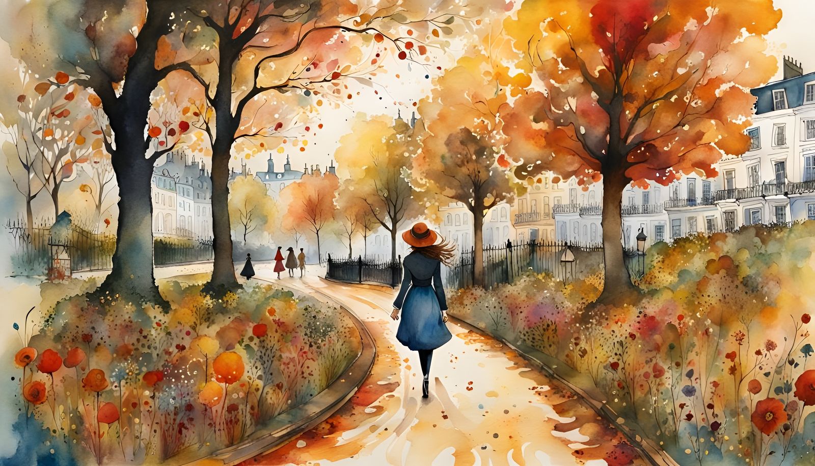 Notting Hill Park Scene in Watercolor Folk Art Style
