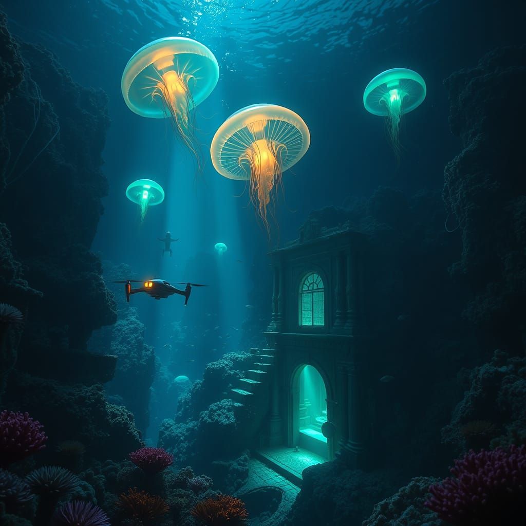 Bioluminescent Underwater Ecosystem with Alien Temple