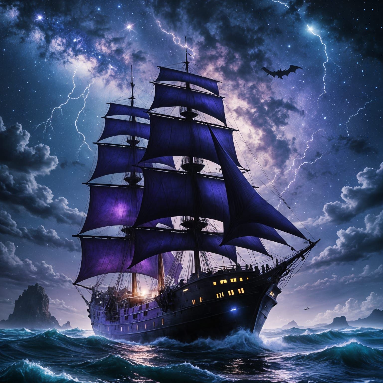 Purple Sailing Ship Amidst the Milky Way
