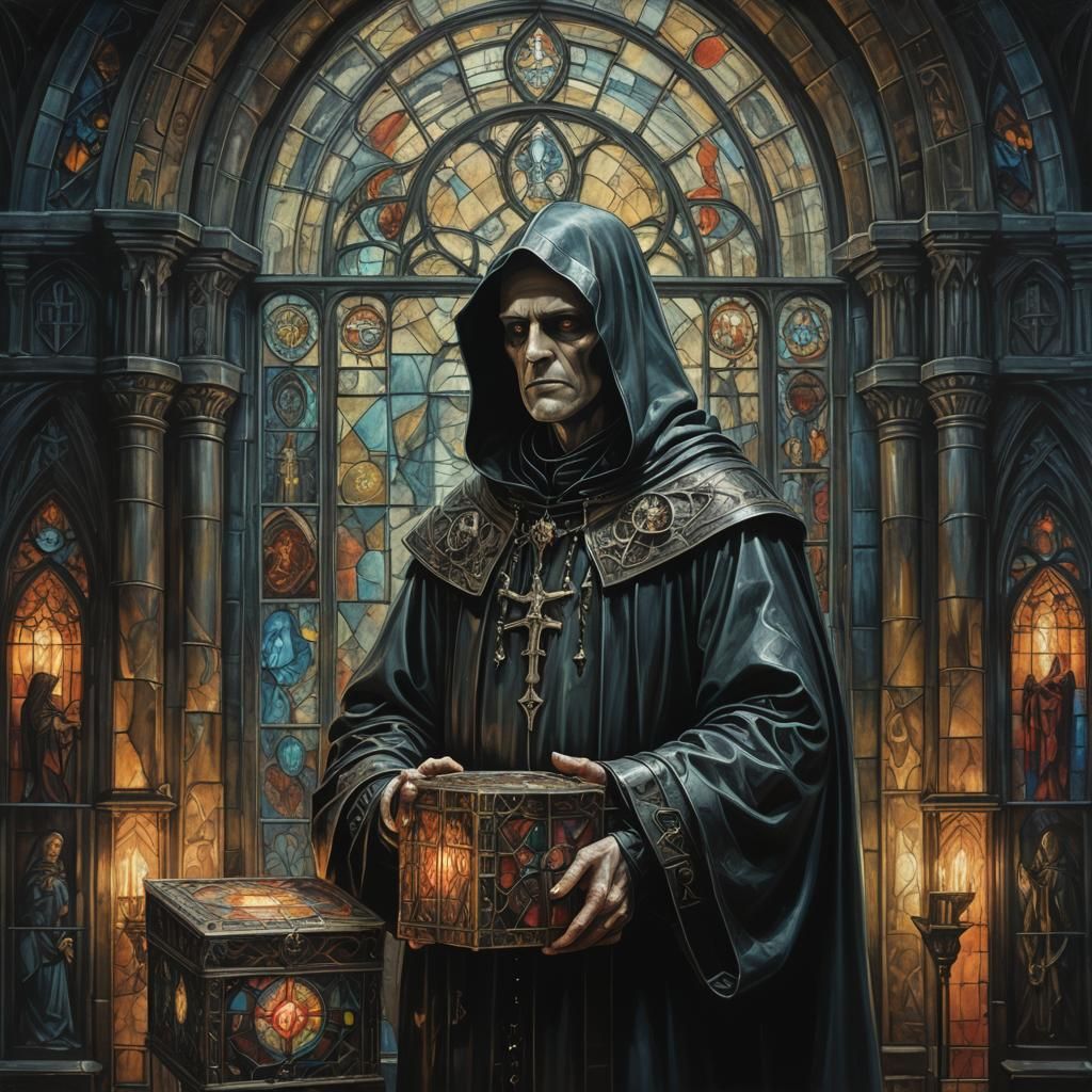 Dark Gothic Priest in Envy Chamber: Oil Painting