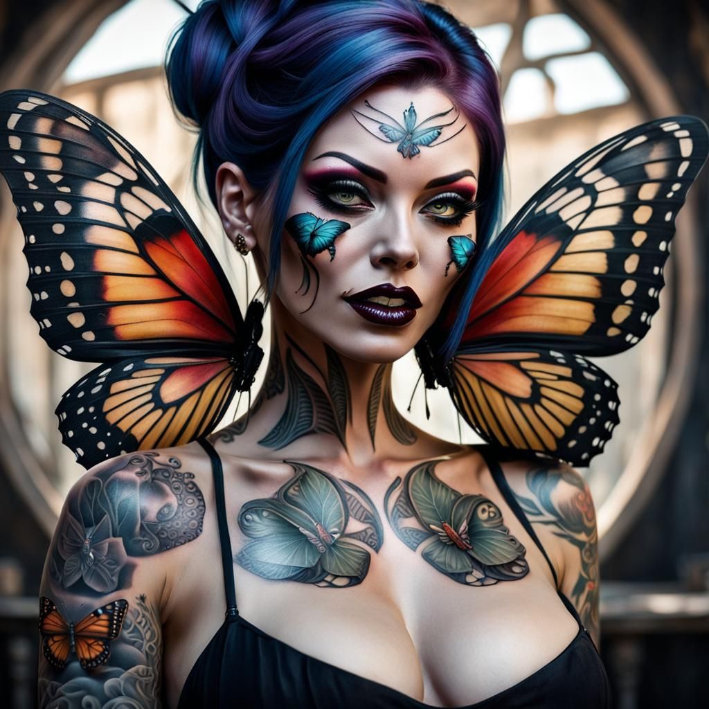 Butterfly Tattooed Woman with Sinister Features