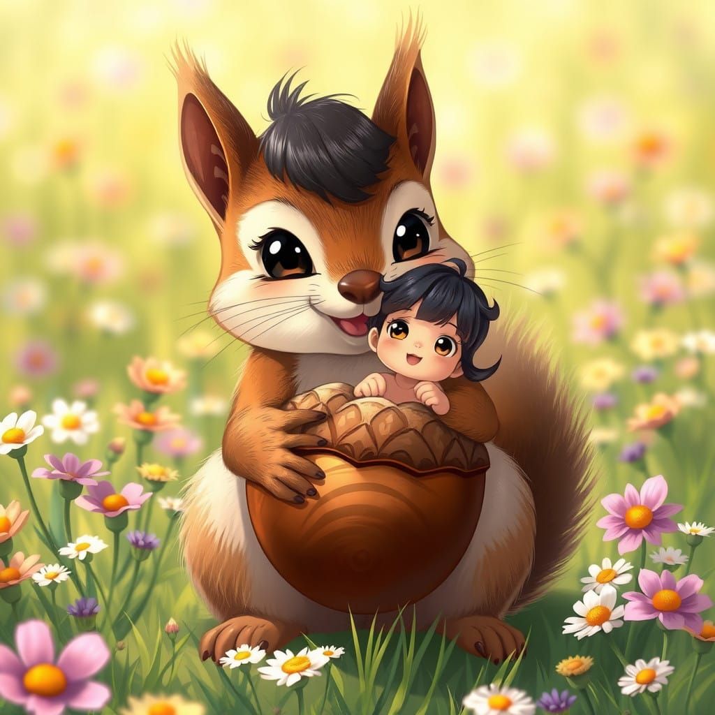 Whimsical Anime Girl Emerges from Acorn in Sunlit Prairie