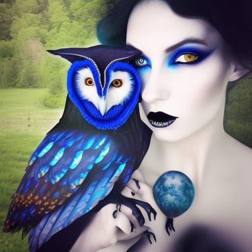 Ethereal Gothic witch with her familiar Barn Owl on her shou...