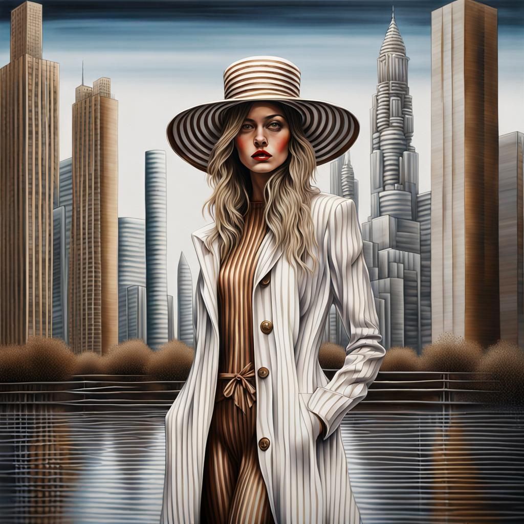 Striking Woman in Striped Outfit, Kinetic Art