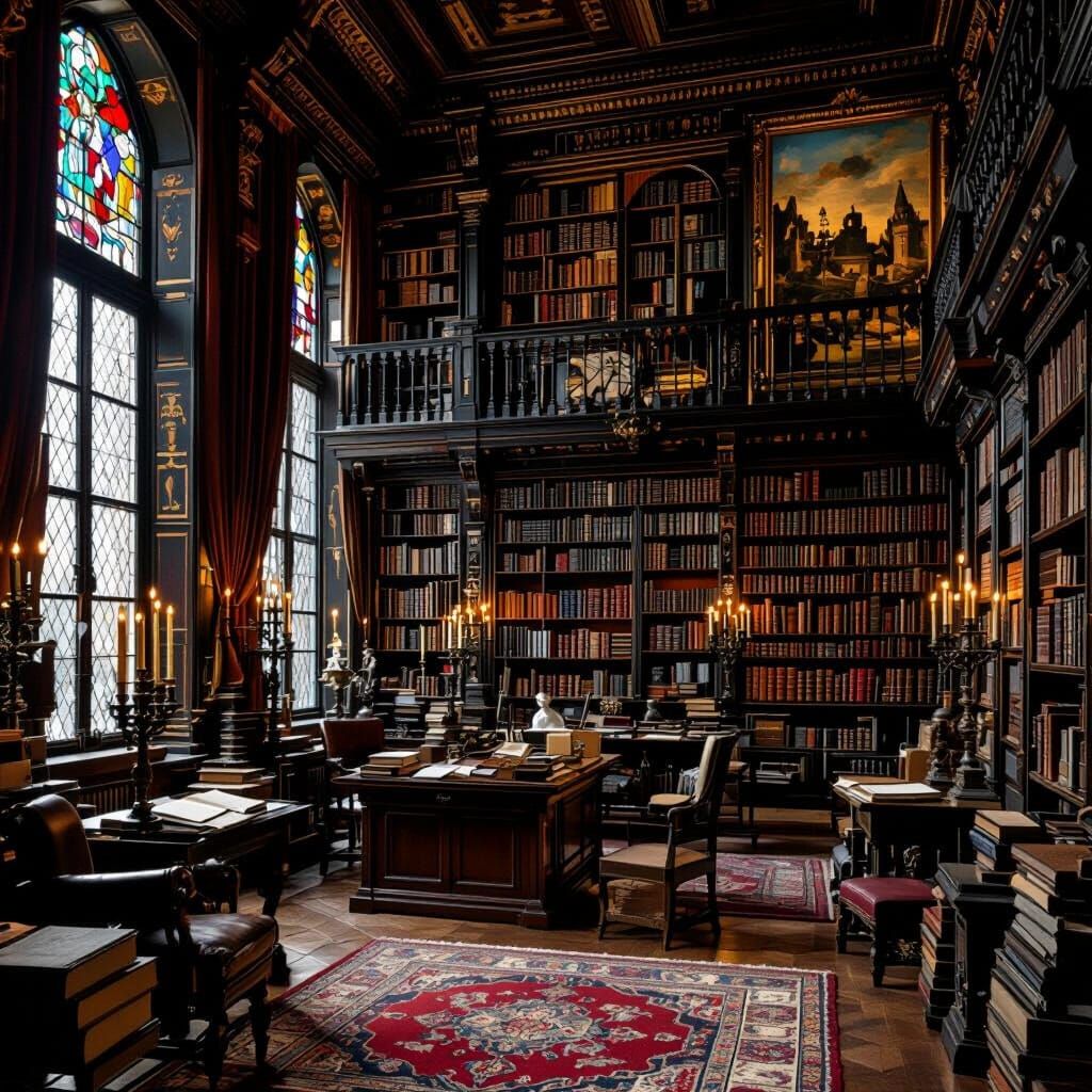 Candlelit Library with Medieval French Literary Scenes