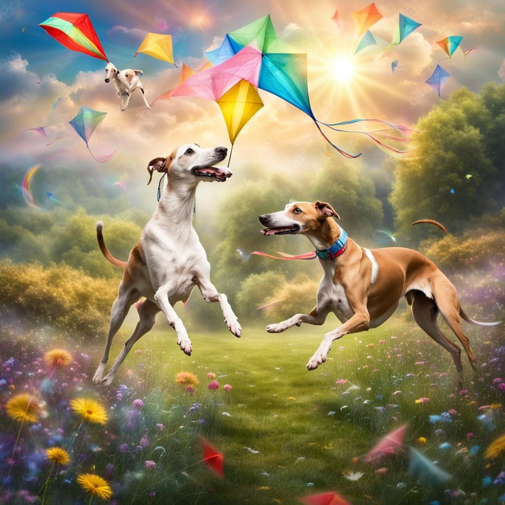 Fairy Tale Greyhounds Flying Kites in Meadow