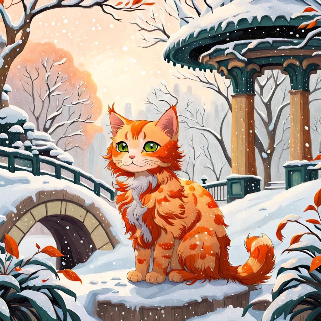 Anime Orange Cat in Snowy Park, Klimt-Inspired