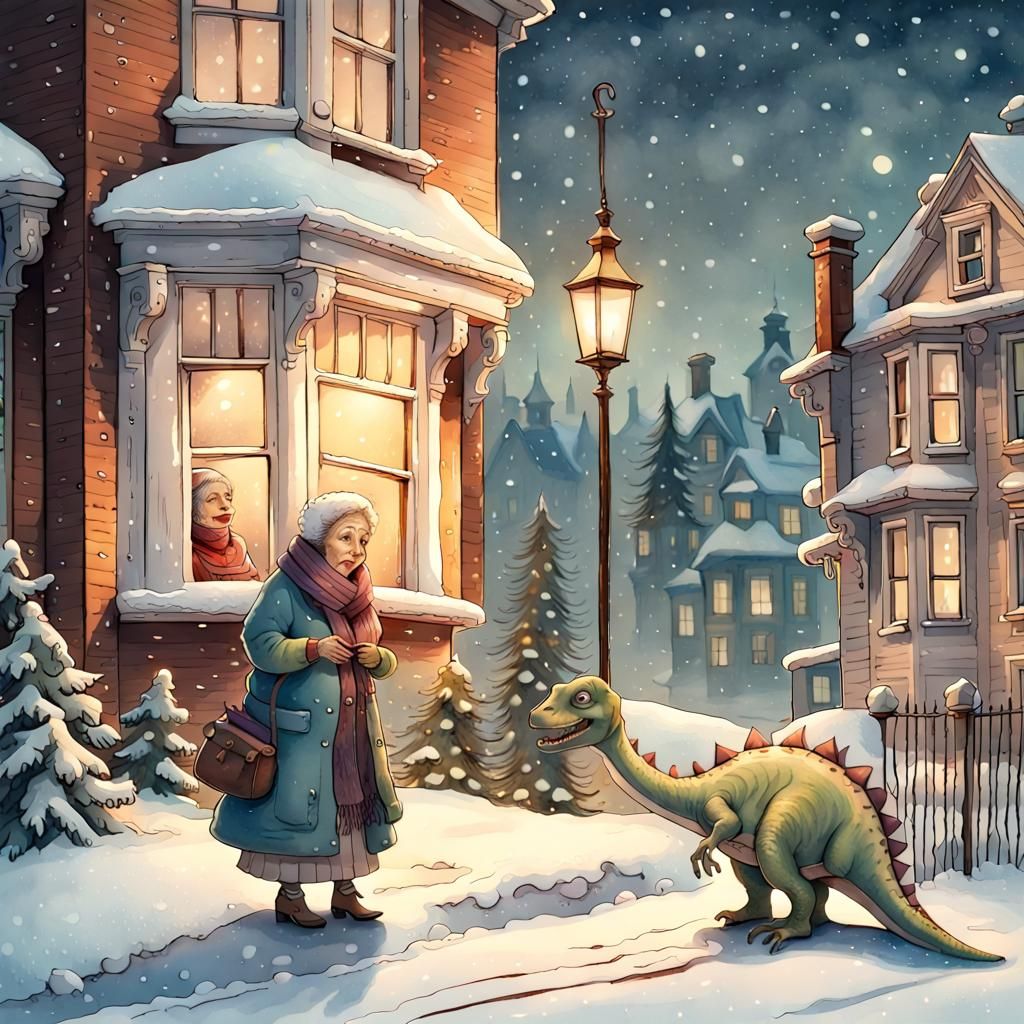 Festive Winter Scene: Woman, Dinosaur, and Victorian Home