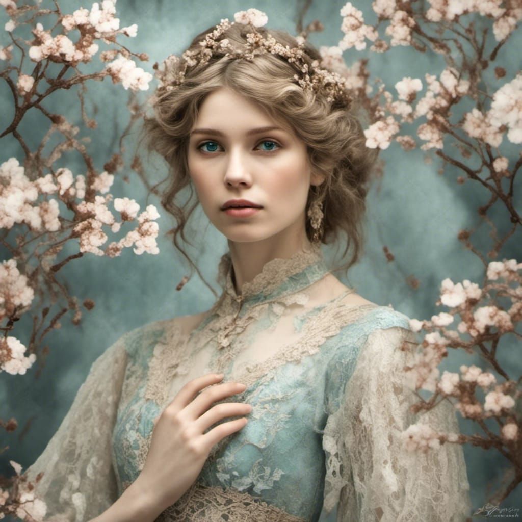 Girl in Almond Blossoms with Art Nouveau Lace