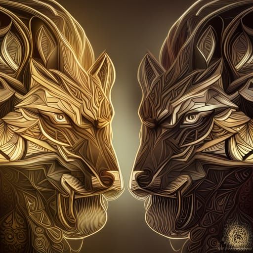 Cyberpunk Wolf and Bear Split Portrait in Double Exposure