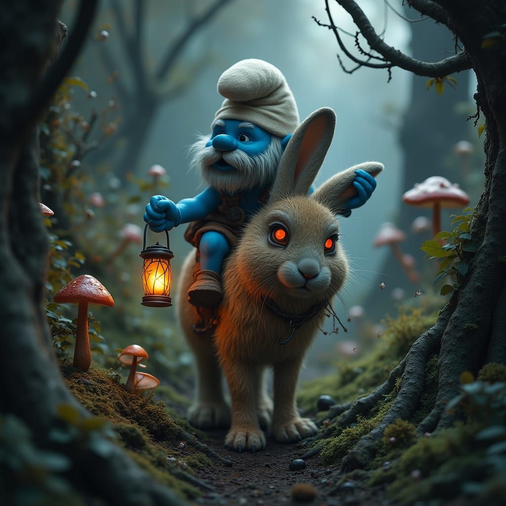 Ethereal Smurf Rides Haunted Rabbit Through Dark, Mystical W...
