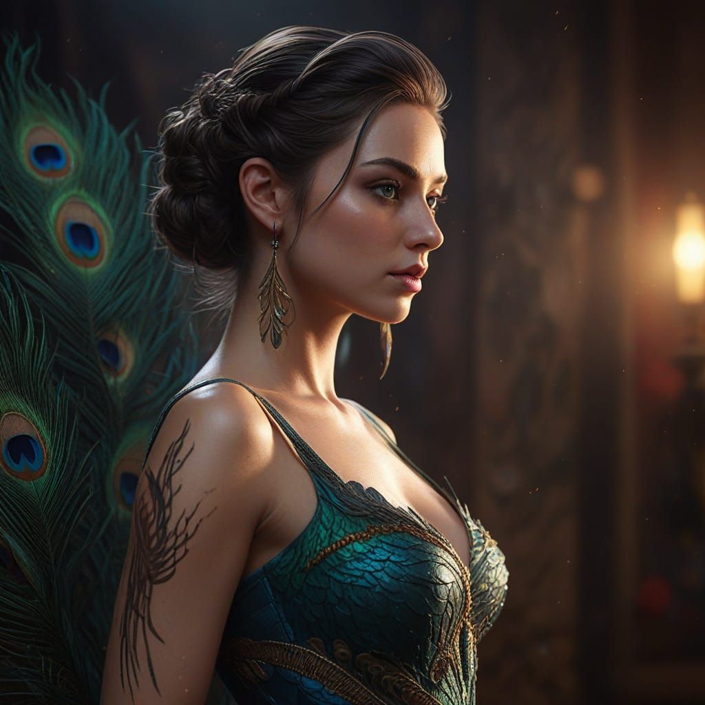 Woman with Vibrant Peacock Tattoo in Realistic Digital Paint...