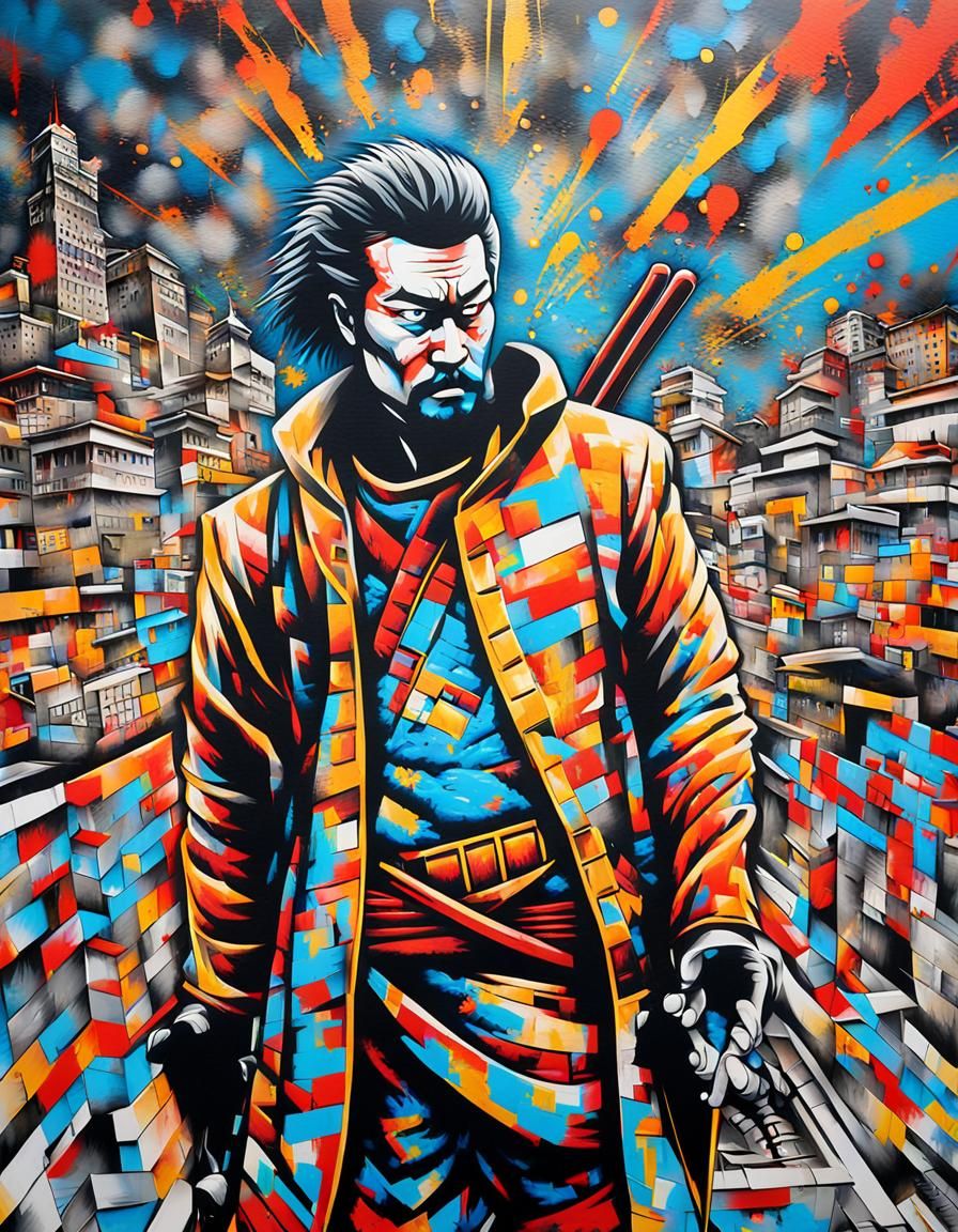 Samurai on City Rooftop in Urban Graffiti Style