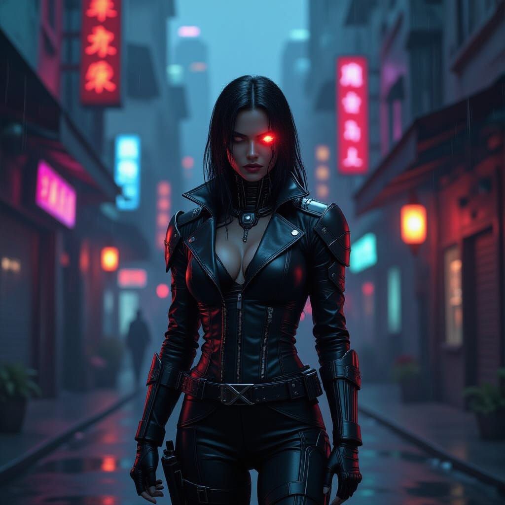 Cyberpunk Warrior Guarding Neon Futuristic Tavern