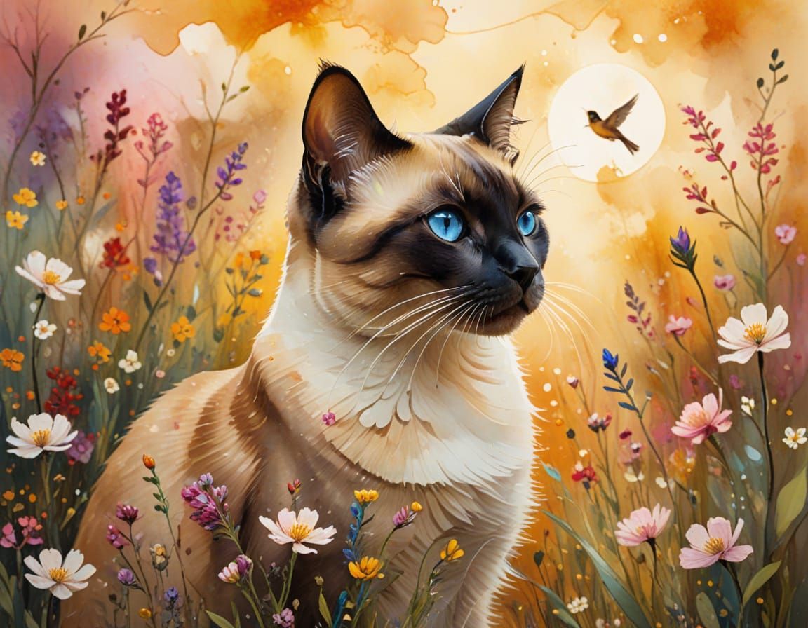 Classic Siamese cat watching for birds