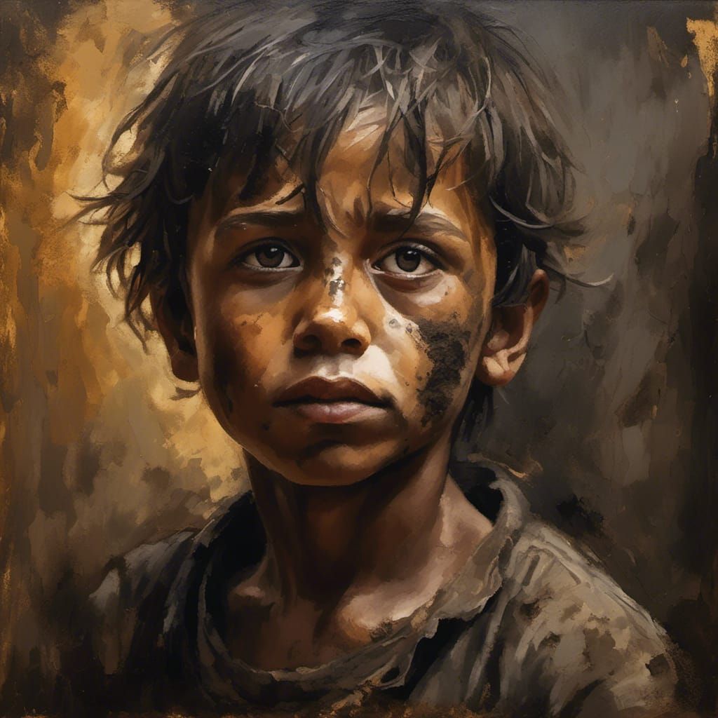 Oil Portrait of a Miner Boy with Soot-Stained Skin