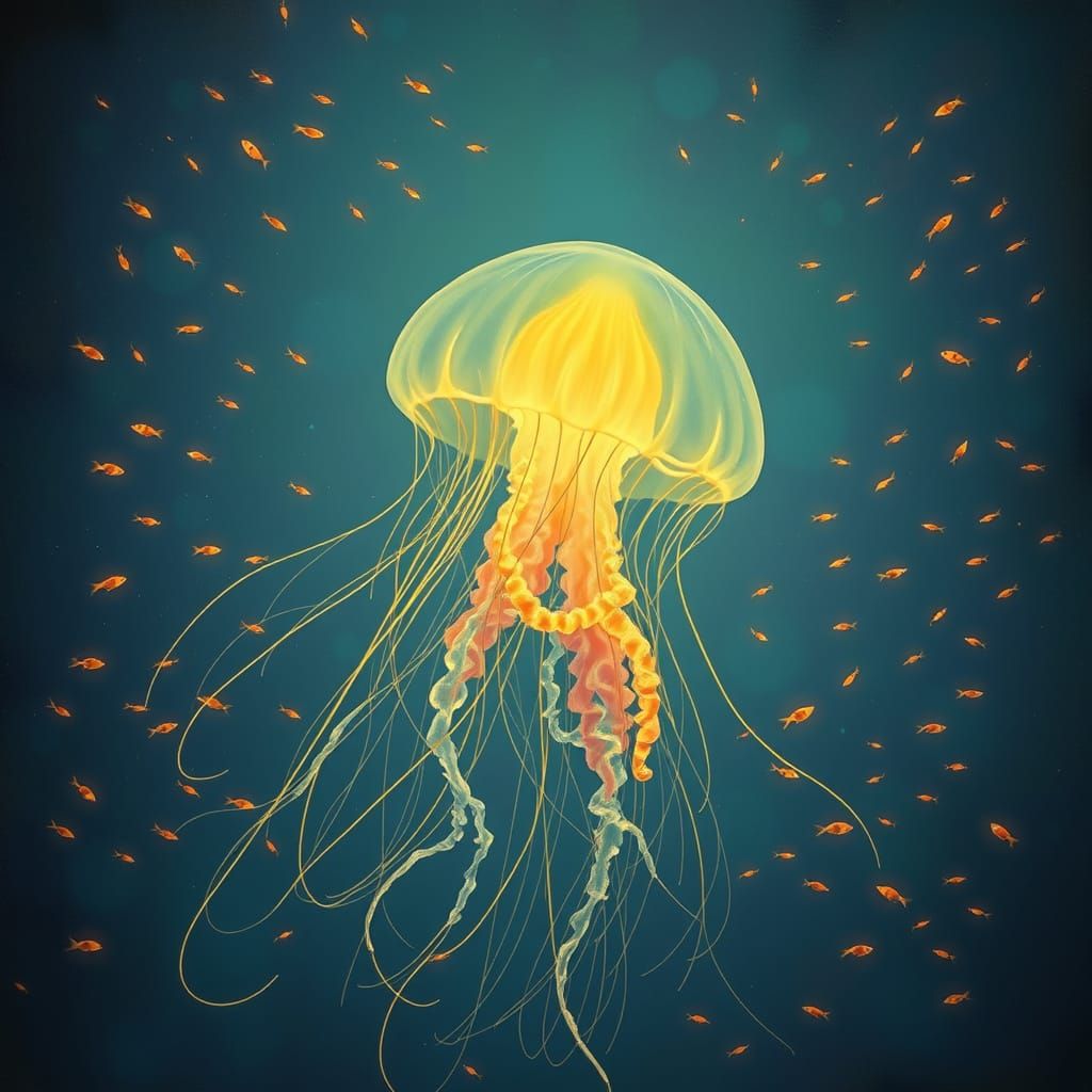 Bioluminescent Jellyfish in Dreamlike Ocean, Surreal Fantasy...