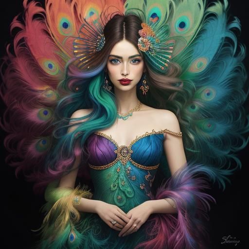 Peacock Woman: Abstract Expressionist Portrait in Vibrant Co...