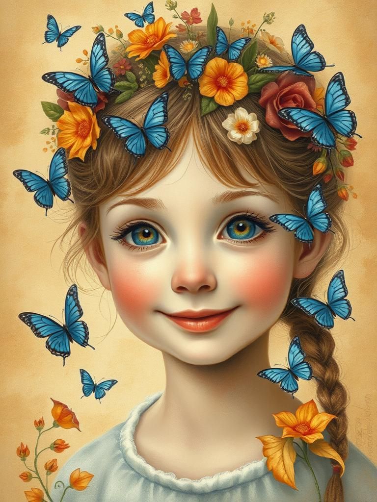 Girl with Butterflies and Flowers, Fairy Tale Illustration