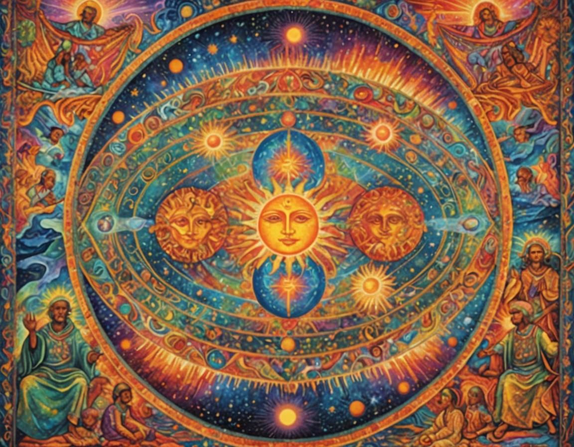 Cosmic Sun and Moons Illustration in Visionary Art Style