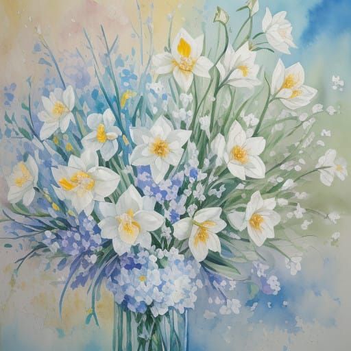 Surreal Gouache Masterpiece: Narcissus Flowers in Intricate...