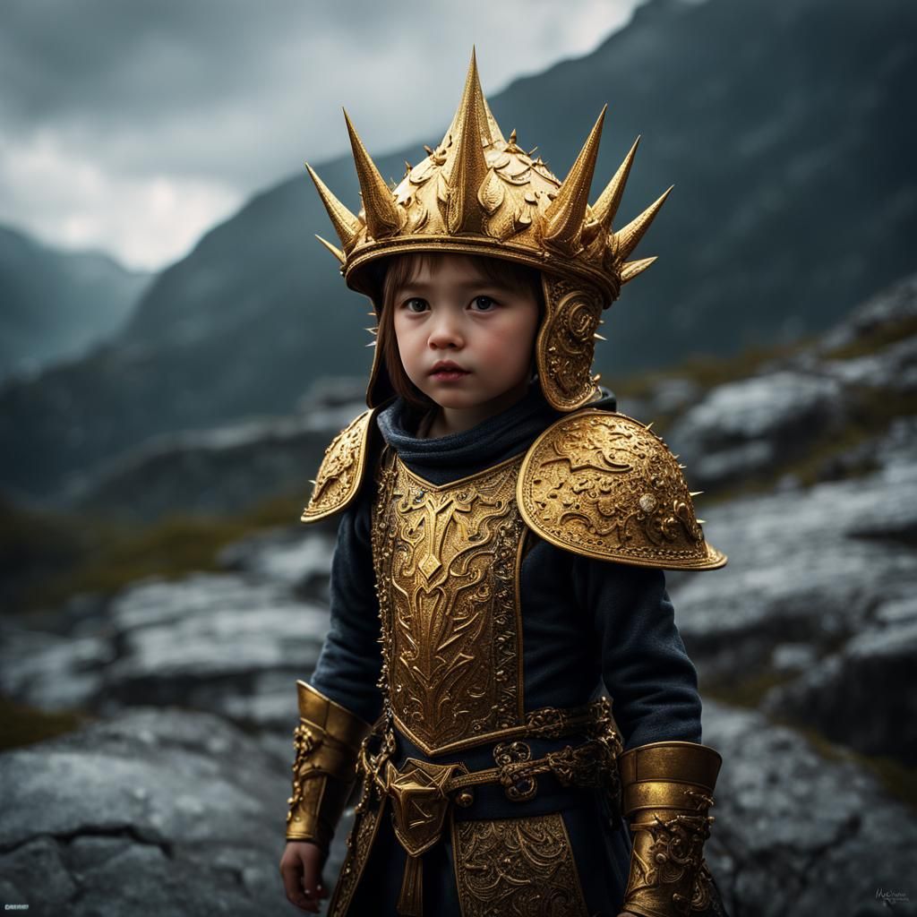 Girl with Golden Helmet on Rainy Mountain
