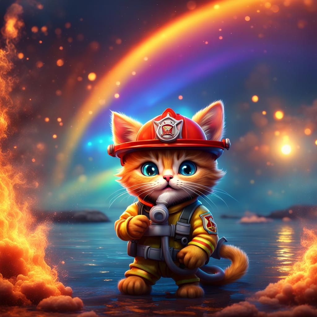 Firefighter Kitten Quenches Inferno: Detailed Matte Painting