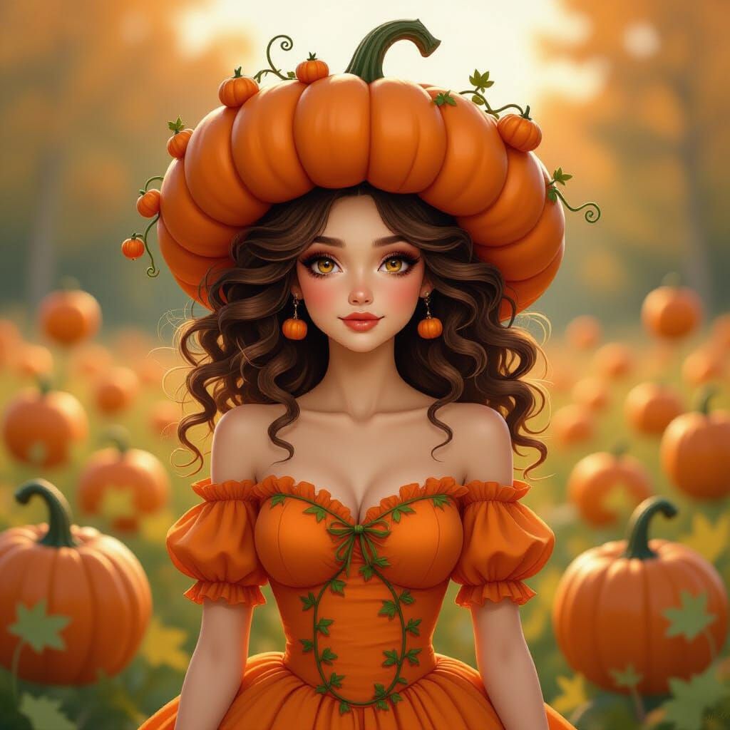 A whimsical pumpkin woman with soft brown curls and enchanti...