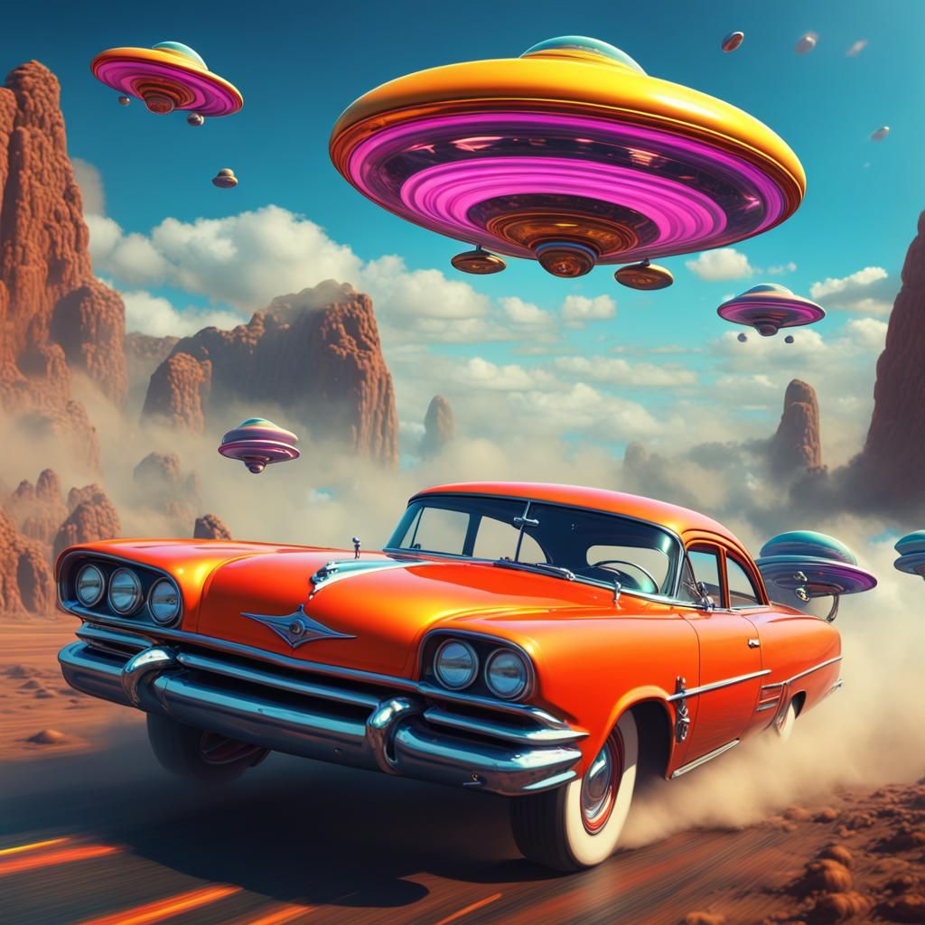 Hot Rod vs Flying Saucers in Pop Art Style