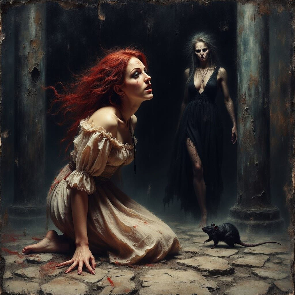 Dark Impressionist Painting of a Beautiful Woman in a Dungeo...