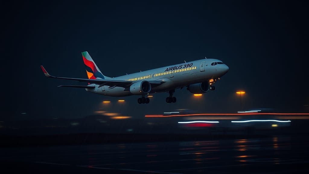 Airbus 350 Flying on a Dark Rainy Night