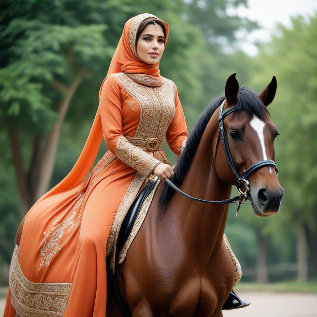 Elegant Muslim Woman Rides Horse in Flowing Attire