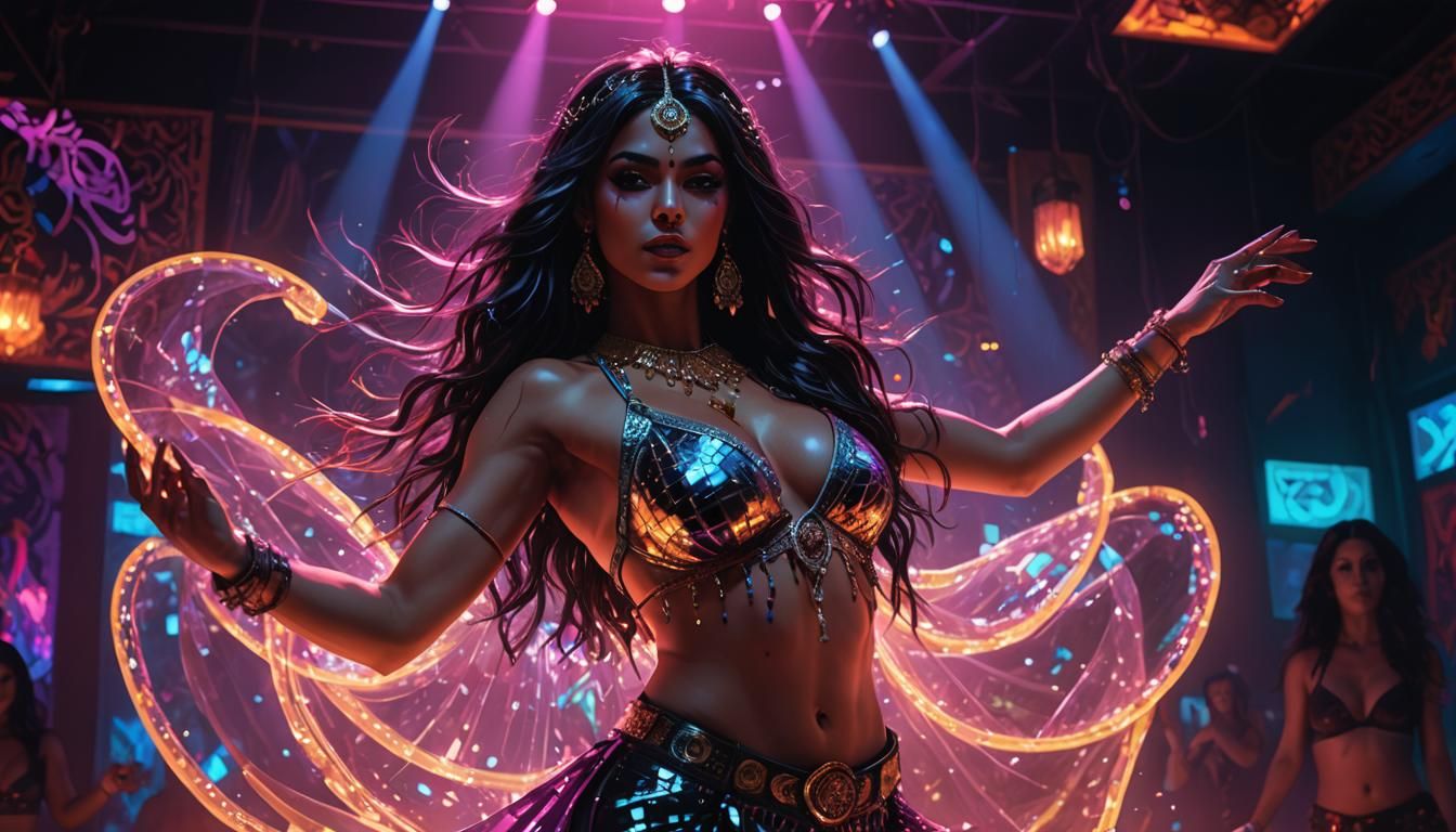 Exotic Dancer Under Neon Lights: Hyperrealistic Action Paint...