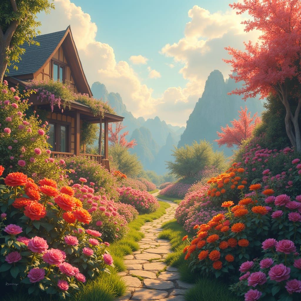 Whimsical Flower Garden in a Matte Painting Style
