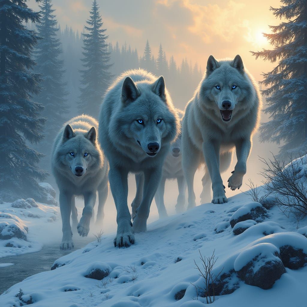 Prehistoric Wolves Hunting at Dusk