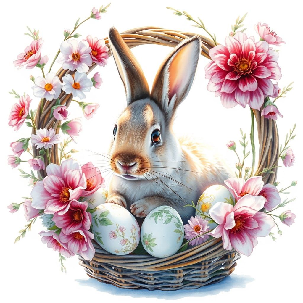 Ethereal Watercolor Bunny in Vibrant Floral Wreath
