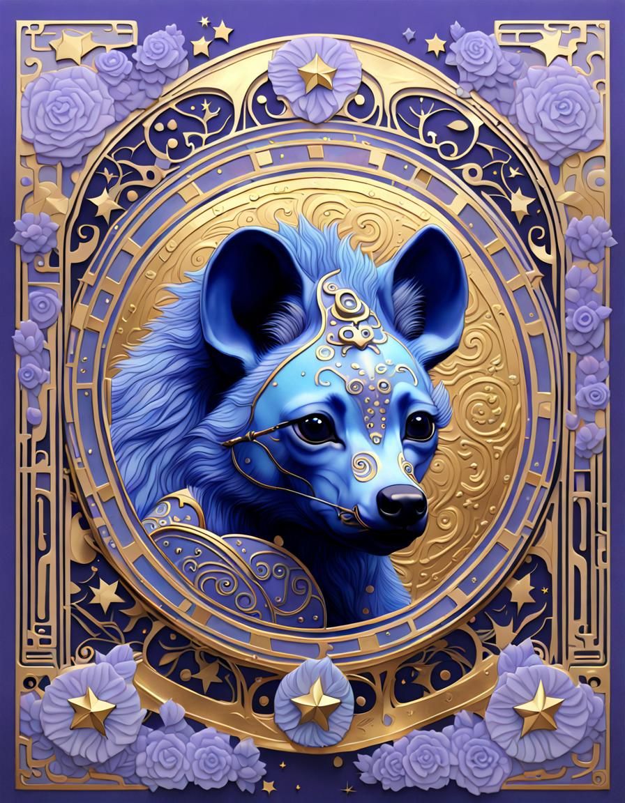 Iridescent Blue Hyena in Klimt Art Nouveau Style