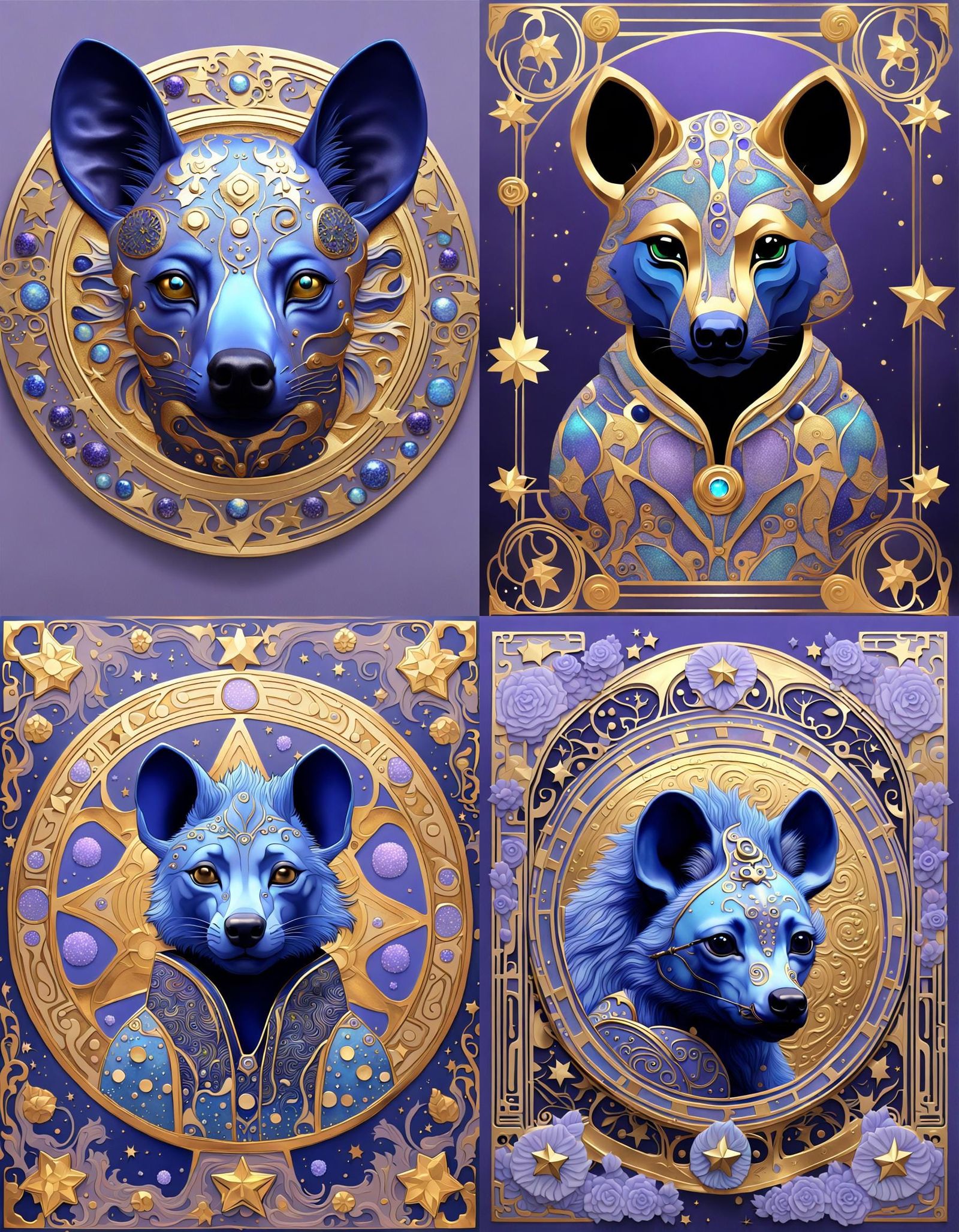 Iridescent Blue Hyena in Art Nouveau Style